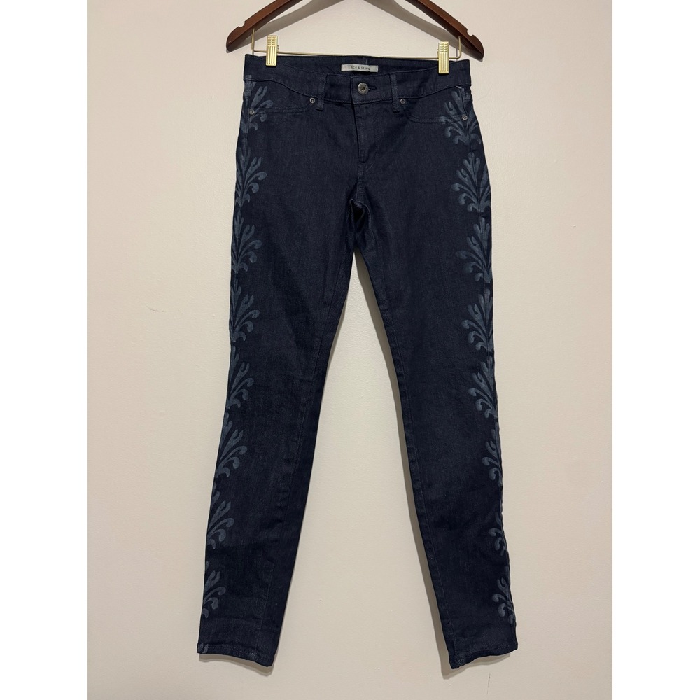 Rich & Skinny Womens Dark Wash Slim Jeans Blue Floral Side Print Size 27